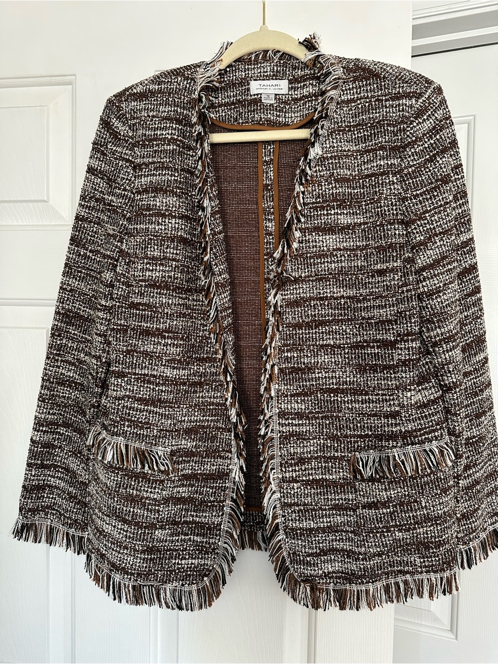 T Tahari Brown and White Bouclé Fringe Blazer